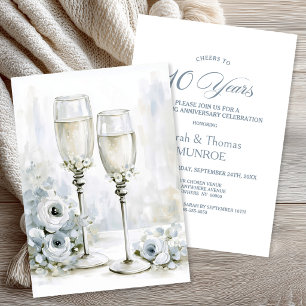 Invitation Verres à Champagne Floraux Gris 10e Anniversaire