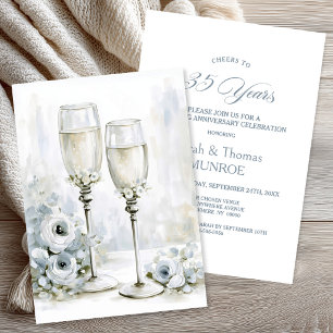 Invitation Verres à Champagne Floraux Gris 35e Anniversaire