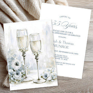 Invitation Verres à champagne floraux gris 55e anniversaire