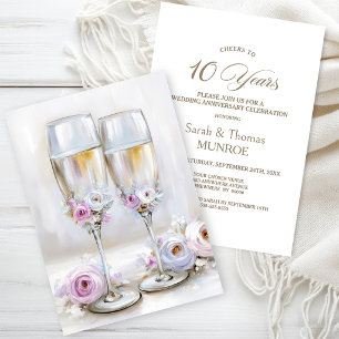 Invitation Verres à Champagne Floraux Roses 10ème Anniversair