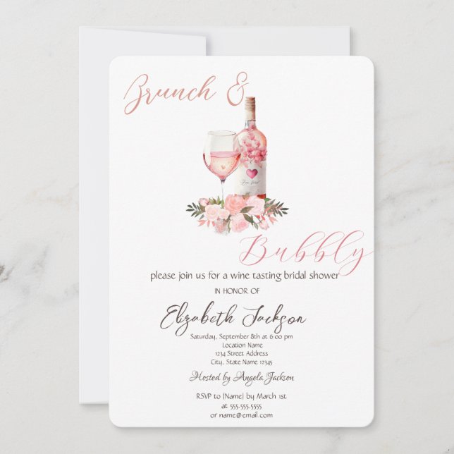 Invitation Verres à vin Bouteilles Roses Brunch & Bulles (Devant)
