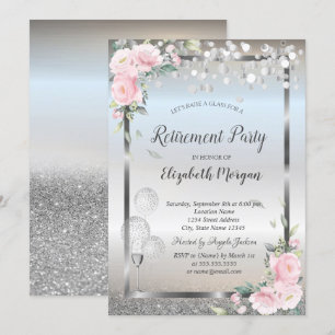 Invitation Verres à vin Roses Ballons Paillettes Retraite