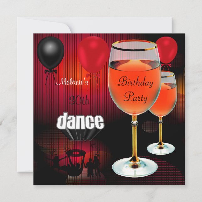 Invitation Verres à vin rouge et ballons de danse pour 30e an (Devant)