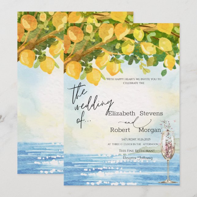 Invitation Verres de Champagne de Mer Citrons Mariage  (Devant / Derrière)