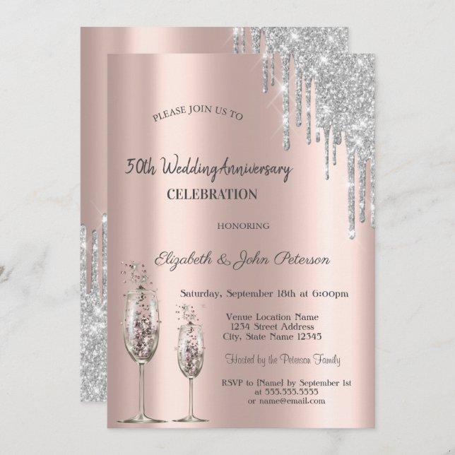 Invitation Verres de vin goutte à goutte Rose Gold Mariage An (Devant / Derrière)