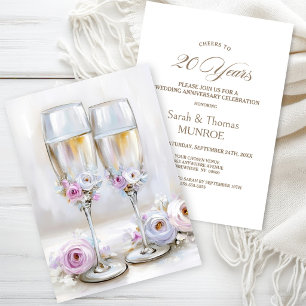 Invitation Verrres à Champagne Fleurs Roses 20e Anniversaire