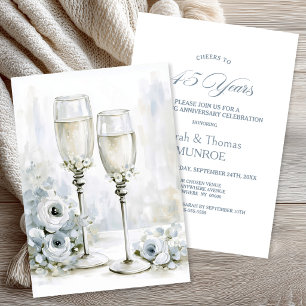 Invitation Verrres à champagne floraux gris 45e anniversaire