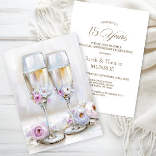 Invitation Verrres à champagne floraux roses 15e anniversaire