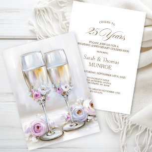 Invitation Verrres à champagne floraux roses 25e anniversaire