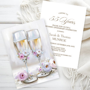 Invitation Verrres à champagne floraux roses 55e anniversaire