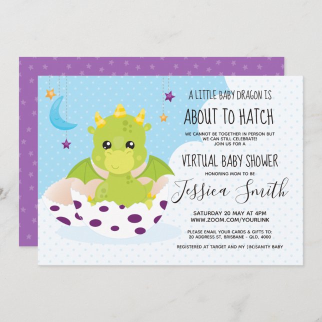 Invitation Vers Hatch Dragon | Baby shower virtuel (Devant / Derrière)