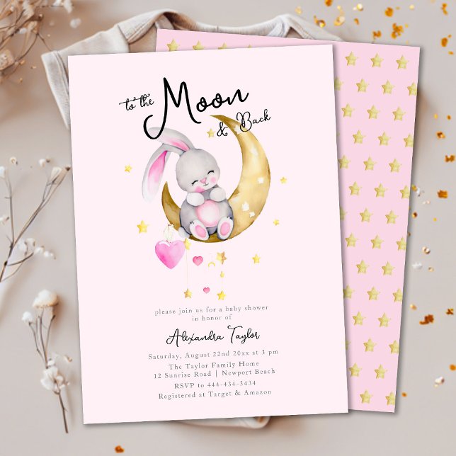 Invitation Vers la lune et le Baby shower lapin rose fille (Créateur téléchargé)