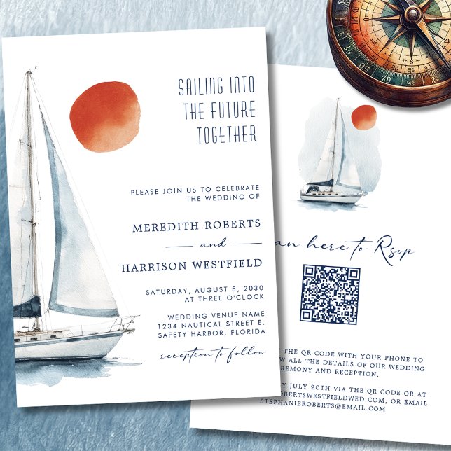 Invitation Vers l'avenir Ensemble Mariage nautique (Sailing Into The Future Together Sailboat Wedding Invitation 1)
