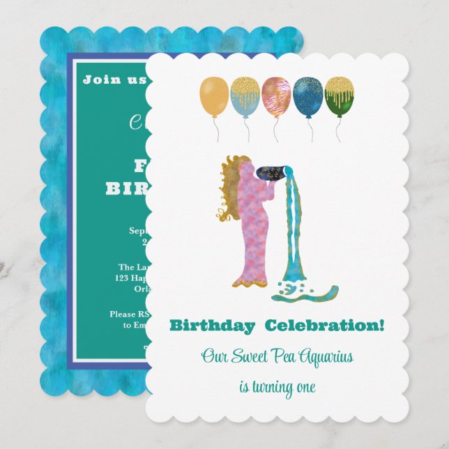 Invitation Verseau 1er Anniversaire Impressionniste Paillette (Devant / Derrière)