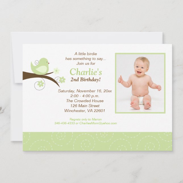 Invitation vert à la mode d'anniversaire de photo (Devant)