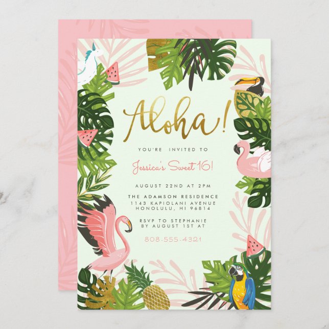 Invitation Vert | Aloha Hawaii Tropical Gold Birthday Party (Devant / Derrière)