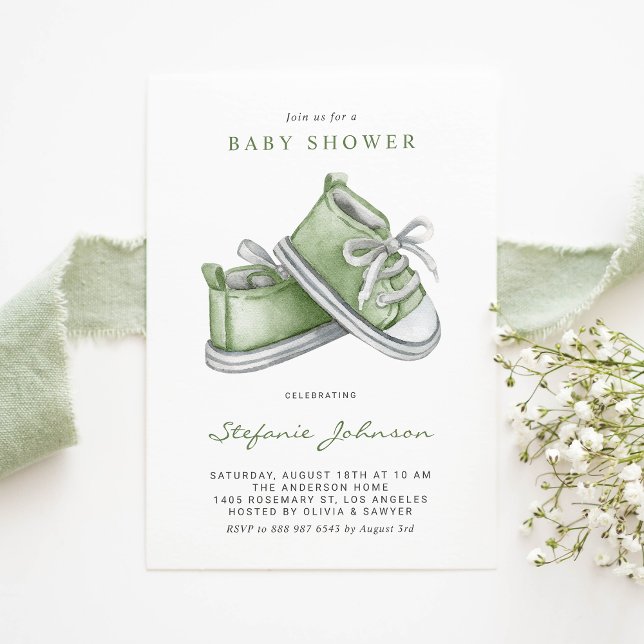 Invitation Vert Aquarelle Baby shower Chaussures bébé (Créateur téléchargé)