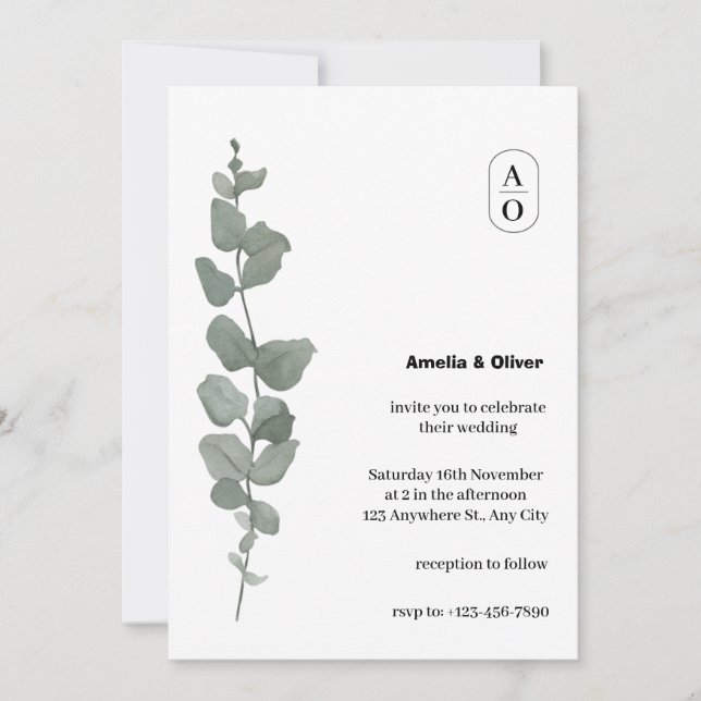 Invitation Vert Aquarelle Feuilles Élégant Simple Mariage Inv (Devant)