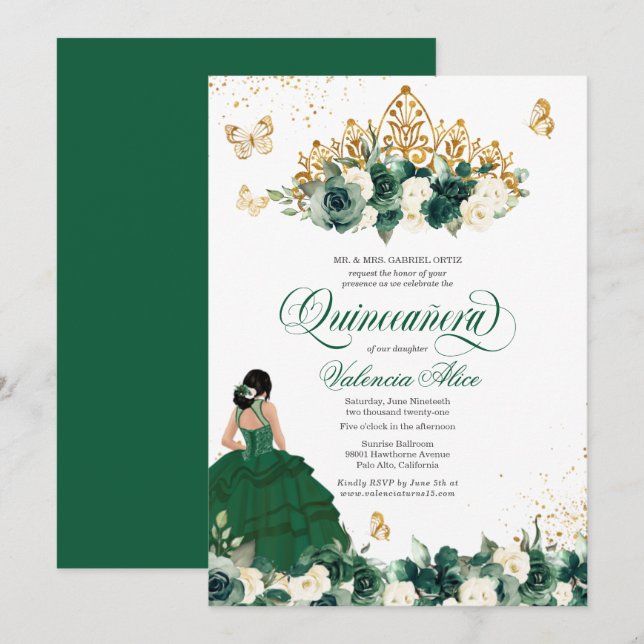Invitation Vert aquarelle Fleurs papillon Quinceanera (Devant / Derrière)