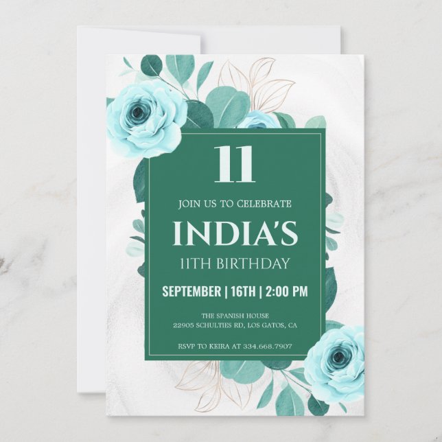 Invitation Vert aquarelle Floral 11e anniversaire (Devant)