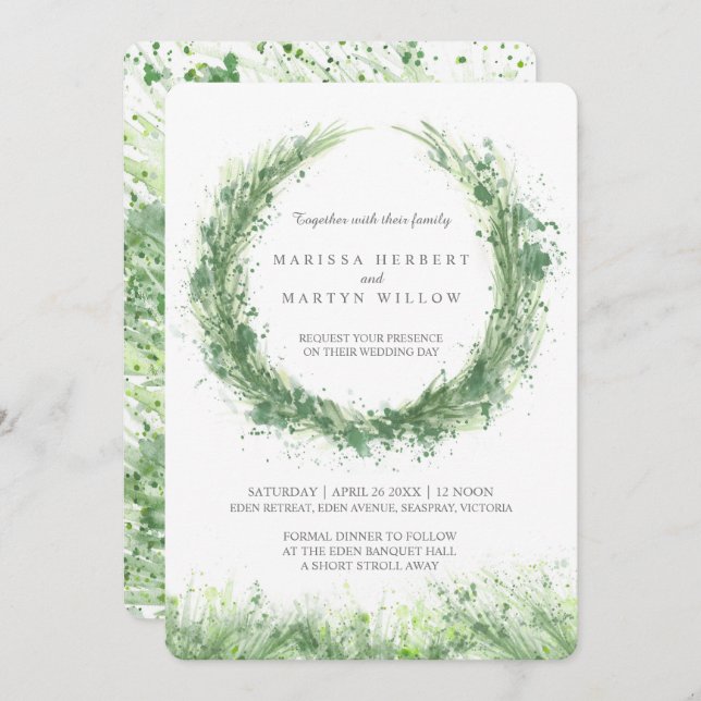 Invitation Vert aquarelle herbe sauge vert mariage (Devant / Derrière)
