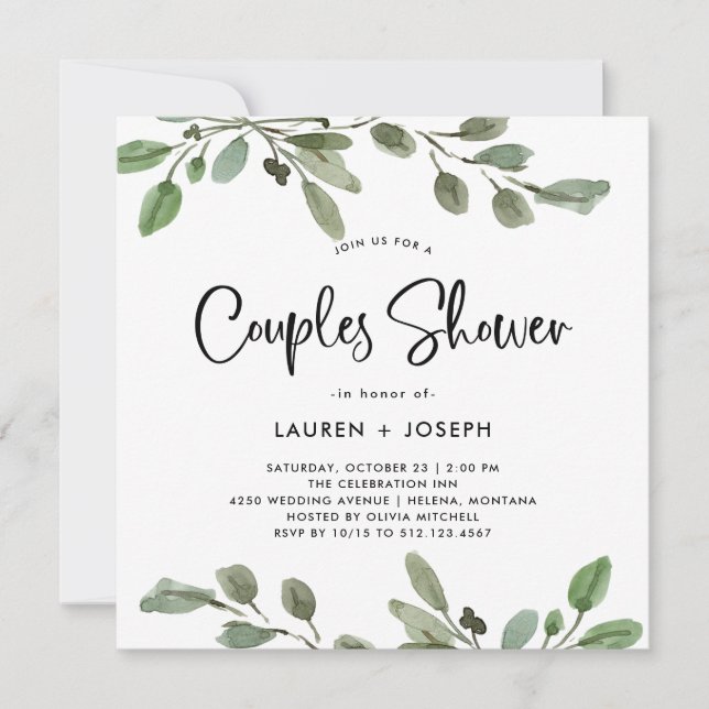 Invitation Vert aquarelle simple | Douche Couples (Devant)
