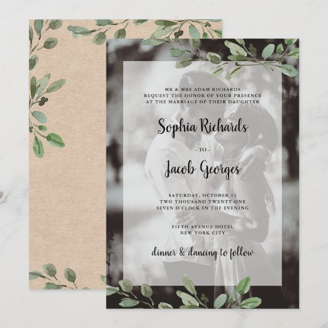 Invitation Vert aquarelle simple | Mariage photo Kraft (Devant / Derrière)