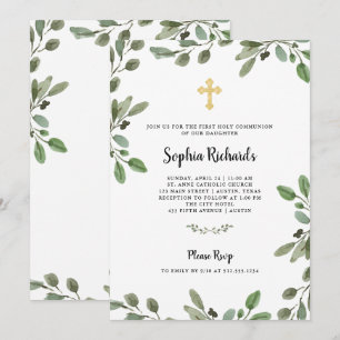 Invitation Vert aquarelle simple   Première sainte communion