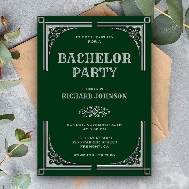 Invitation Vert Argent Art Déco Enterrement de Vie de Garçon (Créateur téléchargé)