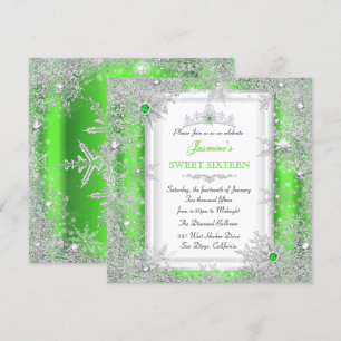 Invitation Vert Argent Noël Pays des Merveilles Douce 16 Floc