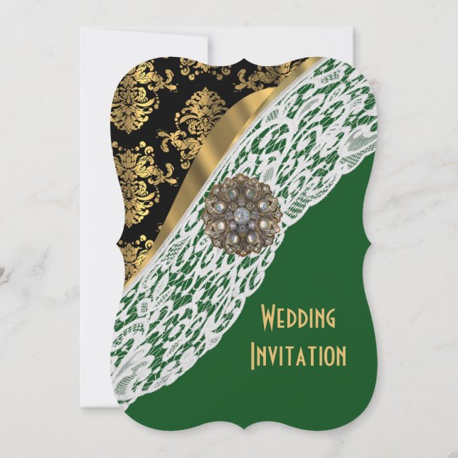 Invitation Vert avec dentelle blanche or mariage damassé (Dos)
