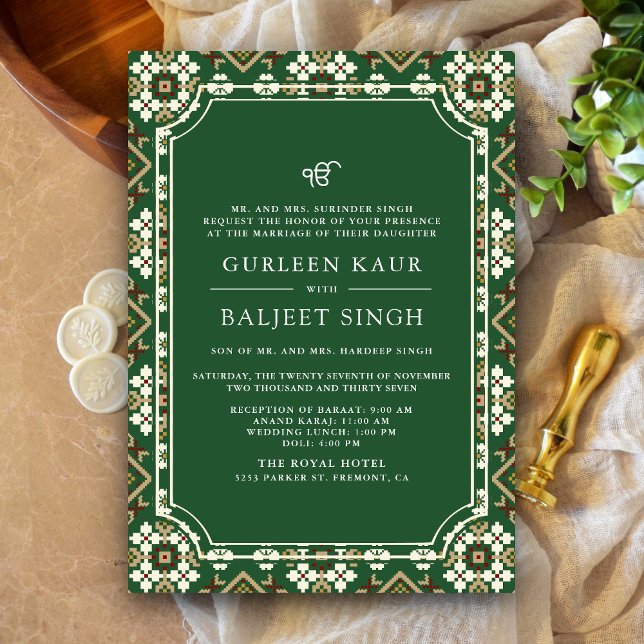 Invitation Vert Beige Ikat Anand Karaj Mariage Sikh (Créateur téléchargé)