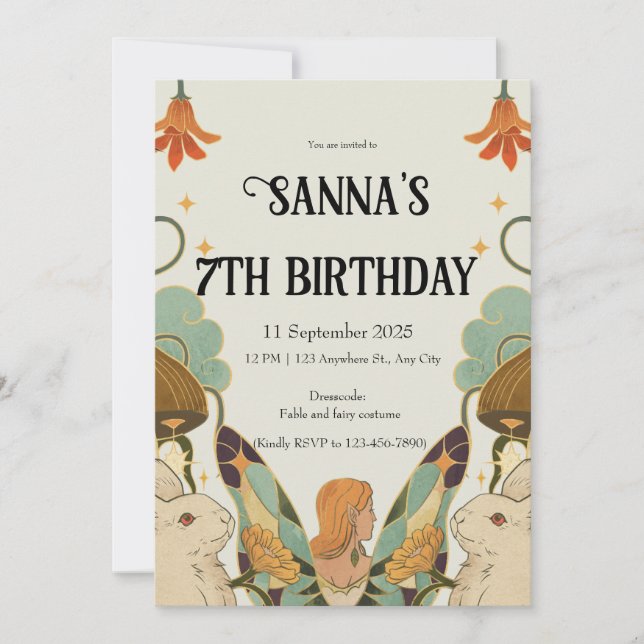 Invitation Vert beige Orange Cute Fairy tail lapin Anniversai (Devant)