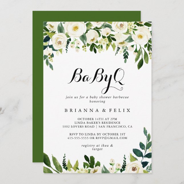 Invitation Vert Blanc Floral BabyQ Baby shower Barbecue (Devant / Derrière)