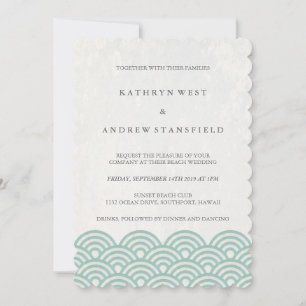 Invitation Vert + Blanc Stylisé Vagues Élégantes Mariage plag