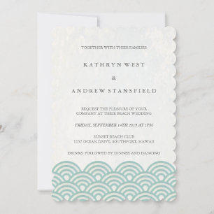 Invitation Vert + Blanc Stylisé Vagues Élégantes Mariage plag