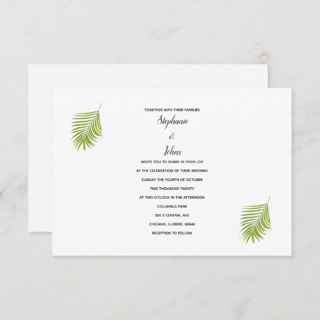Invitation Vert Blanc Tropical Palm Leaf Cool moderne Mariage (Devant / Derrière)