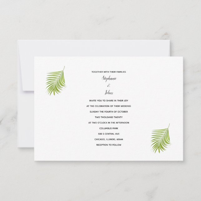 Invitation Vert blanc Tropical Palm Leaf Cool tendance Mariag (Devant)