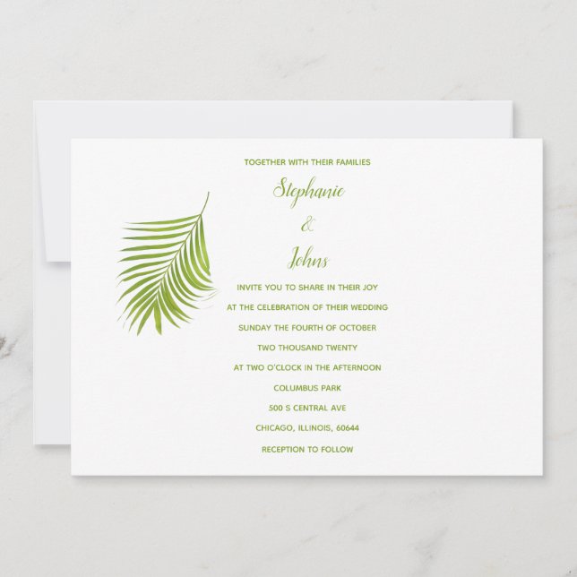 Invitation Vert blanc Tropical Palm Leaf Mariage classique (Devant)