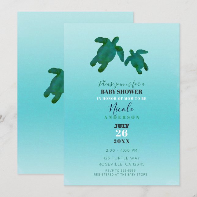 Invitation Vert bleu aquarelle BABY SHOWER des tortues de mer (Devant / Derrière)