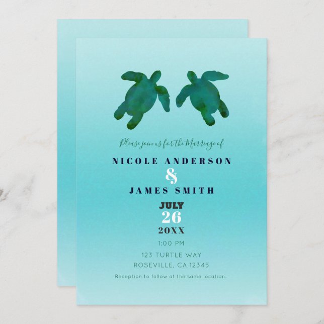 Invitation Vert bleu Aquarelle Océan Tortues de mer Mariage (Devant / Derrière)