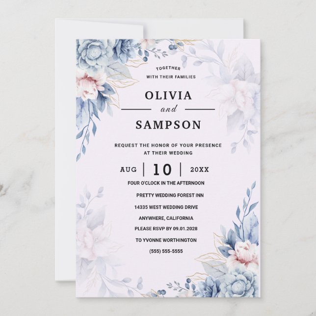 Invitation Vert Bleu Bourgogne Or Rose Mariage (Devant)