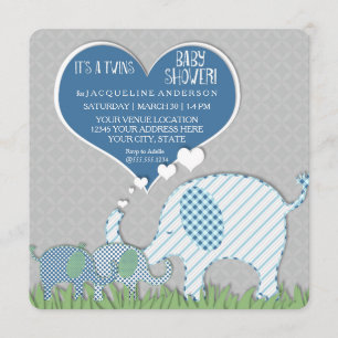 Invitation Vert bleu gris d'éléphants de coeur de baby shower