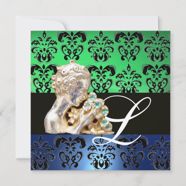 INVITATION VERT BLEU, NOIR, BLANC DAMASSÉ MONOGRAMME BIJOU (Devant)