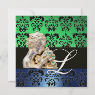 INVITATION VERT BLEU, NOIR, BLANC DAMASSÉ MONOGRAMME BIJOU