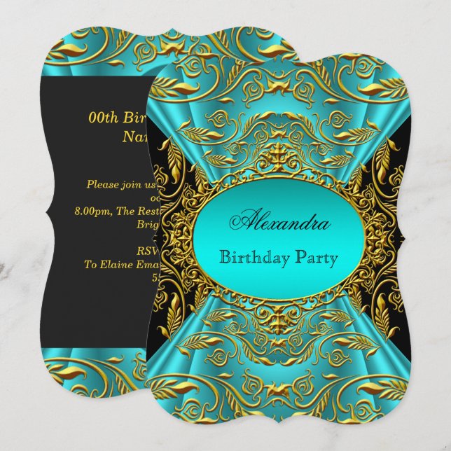 Invitation Vert Bleu Sarcelle Jade Noir Fête d'anniversaire F (Devant / Derrière)