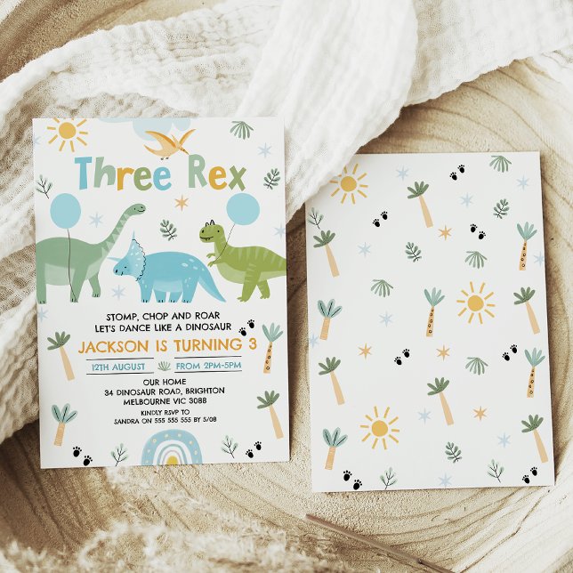 Invitation Vert bleu Trois Rex Dinosaur 3e anniversaire (Three Rex Dinosaur 3rd Birthday Invitation, Boys Dinosaur 3rd Birthday Invitation, Dino Themed Party)
