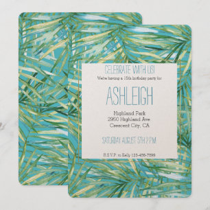 Invitation Vert bleuAquarelle tropicale Feuille Anniversaire