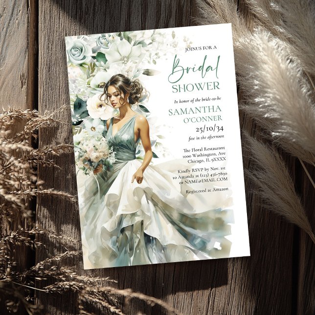 Invitation Vert boho moderne eucalyptus fleurs blanches (Modern boho greenery eucalyptus white flowers bridal shower invitation)