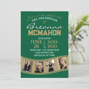 Invitation Vert & Bronze Gold Filmstrip 5 Photo Graduation